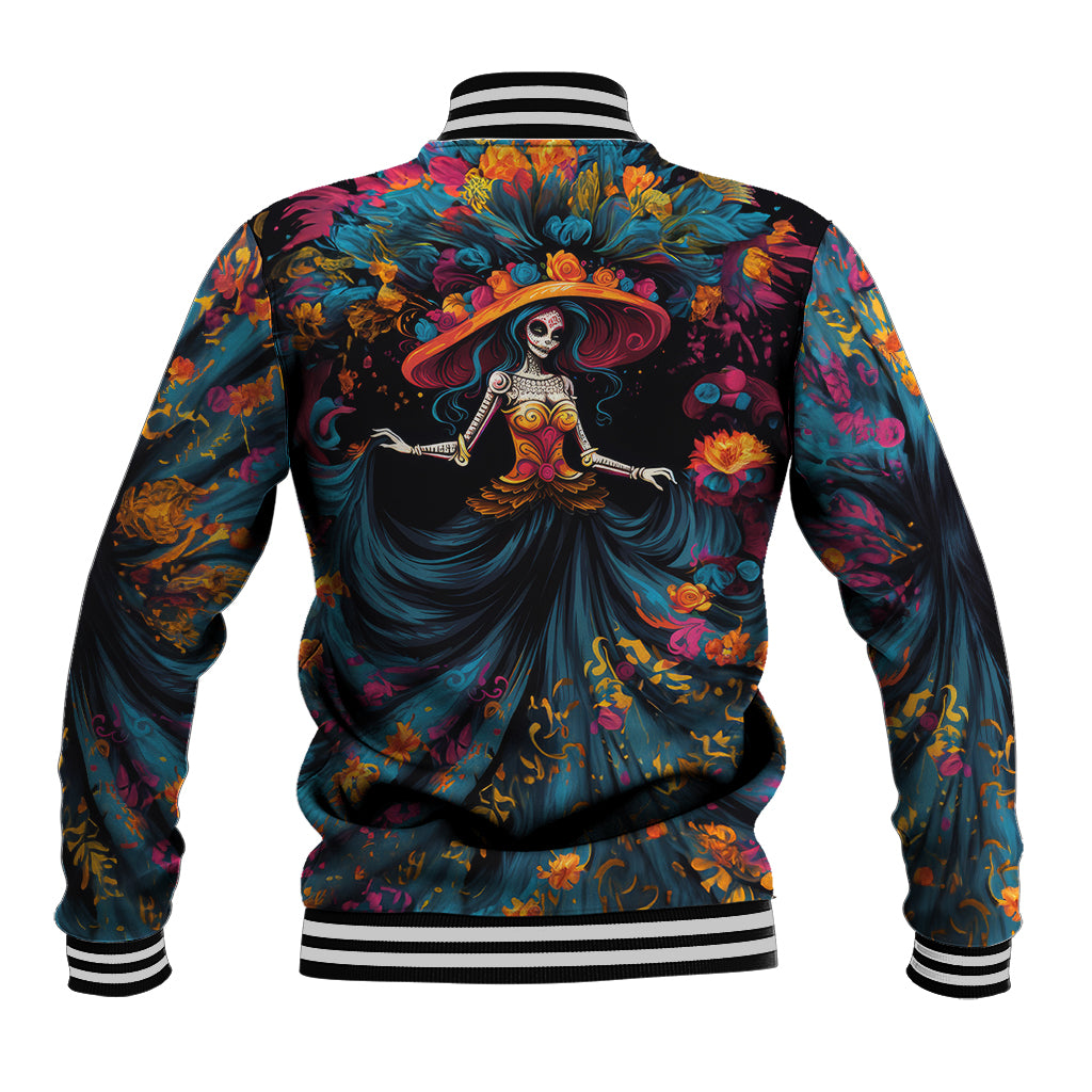 Black baseball jacket with back floral sugar skull lady dance graphic, ribbed cuffs
