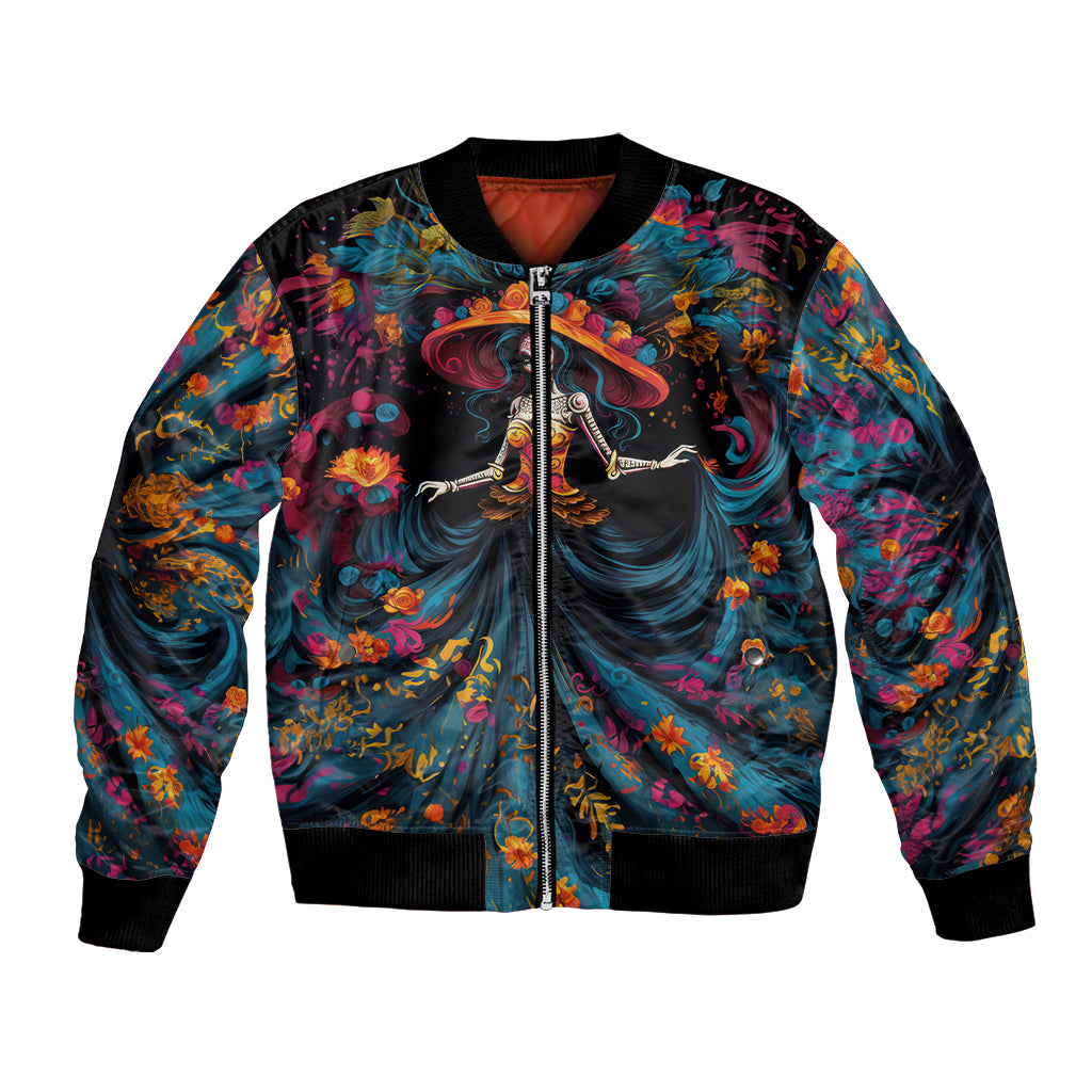 Black bomber jacket with front zipper, colorful dancing lady sugar skull graphic