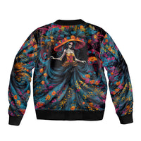Black bomber jacket, centered dancing lady sugar skull back print with floral accents