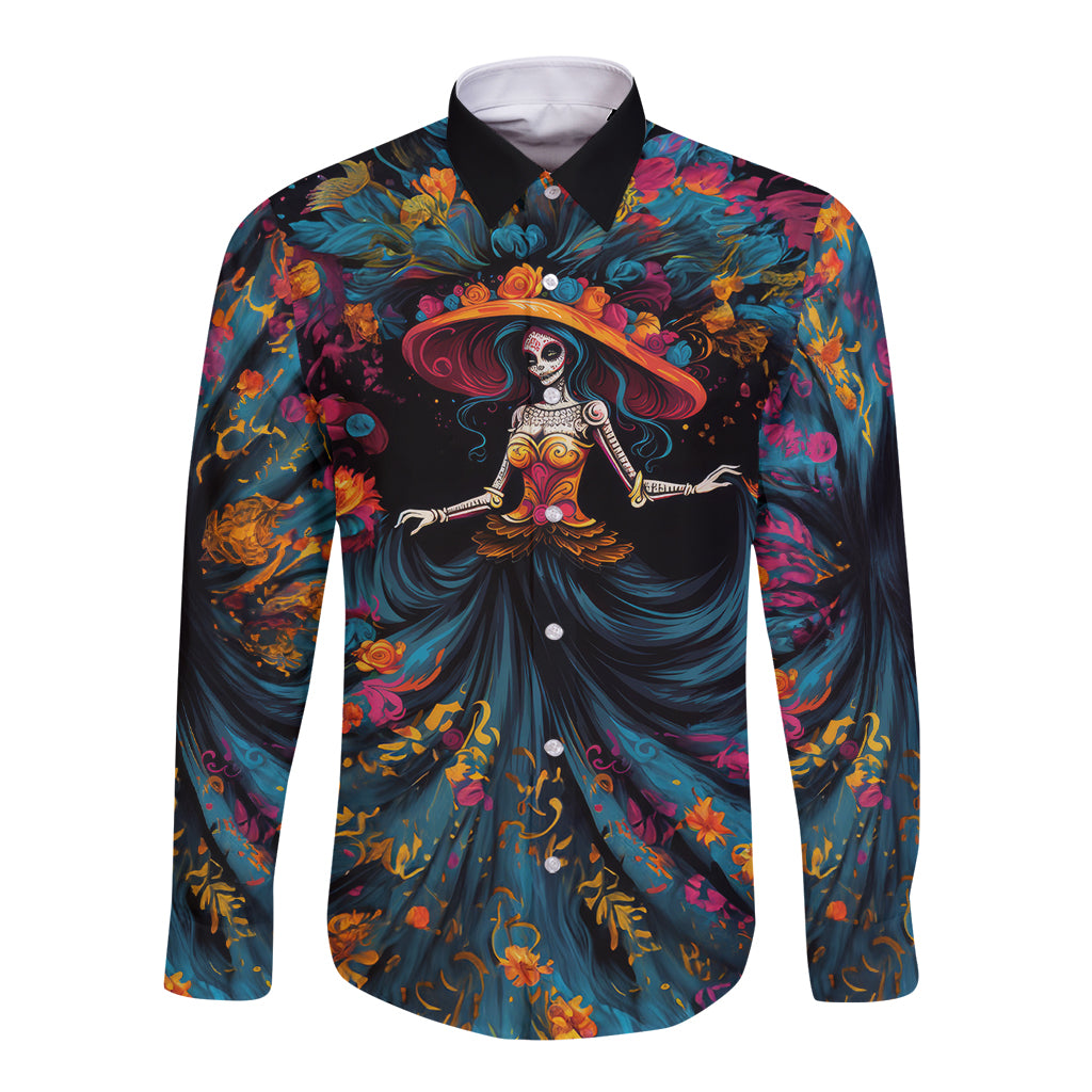 Day of Dead Lady Long Sleeve Button Shirt Sugar Skull Lady Dancing - Wonder Print Shop