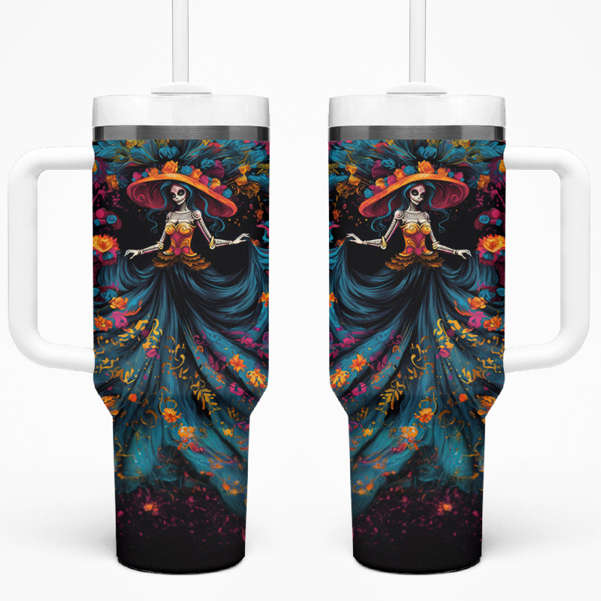 Day of Dead Lady Tumbler With Handle Sugar Skull Lady Dancing - Wonder Print Shop