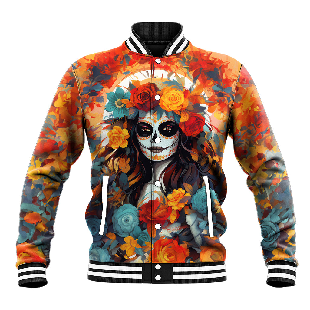 Yellow baseball jacket with skull-and-floral graphic, button-front and striped cuffs