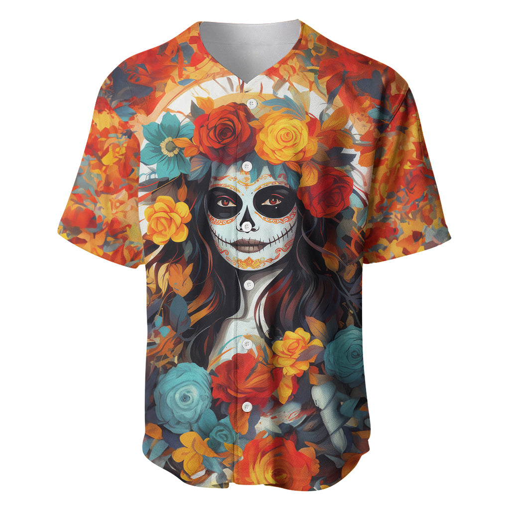 Day of Dead Lady Baseball Jersey Sugar Skull Field Rose Lady - Wonder Print Shop