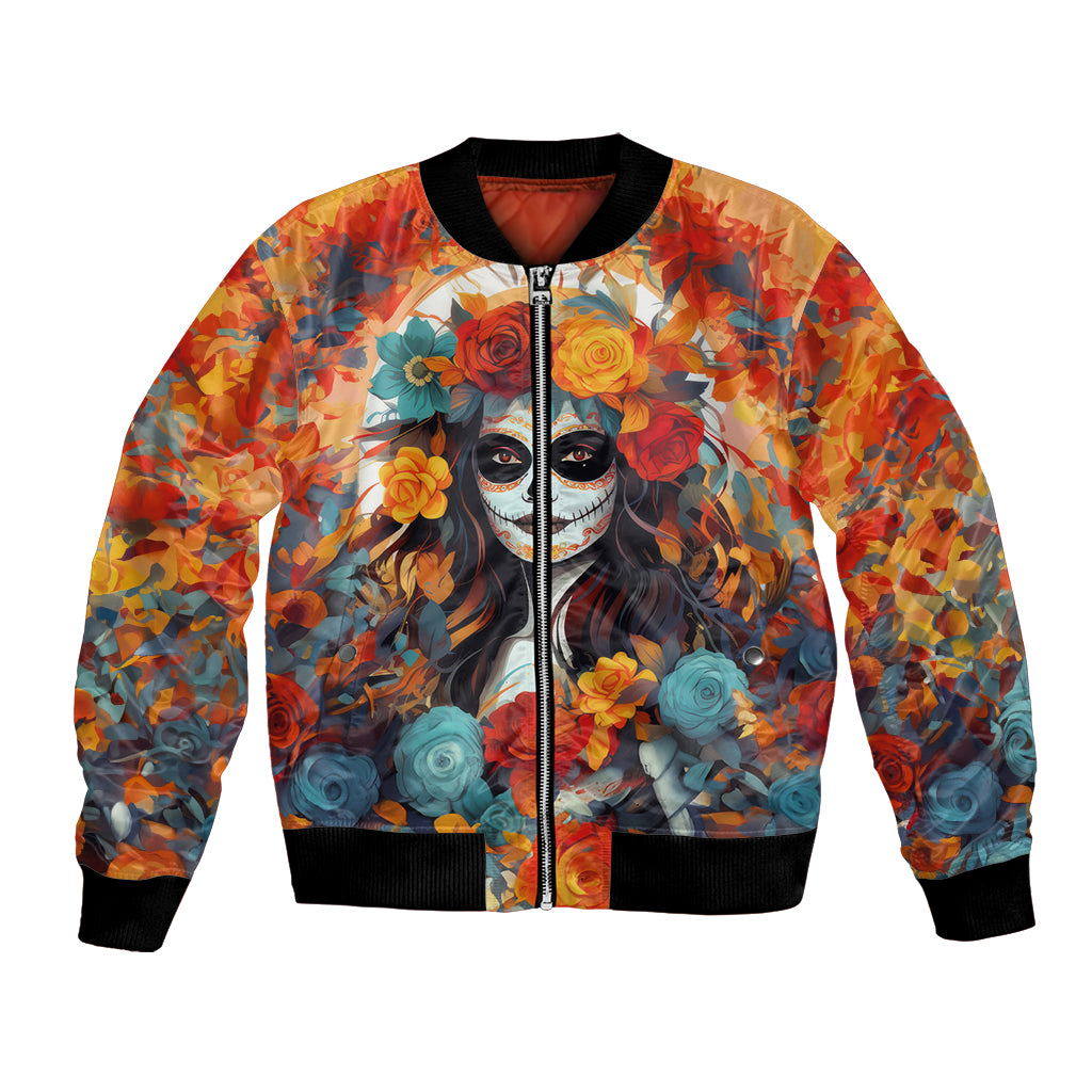 Yellow bomber jacket with black ribbed cuffs, zip front, sugar skull and floral roses print