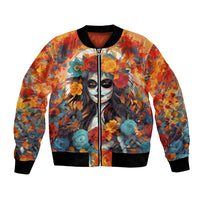 Yellow bomber jacket with black ribbed cuffs, zip front, sugar skull and floral roses print