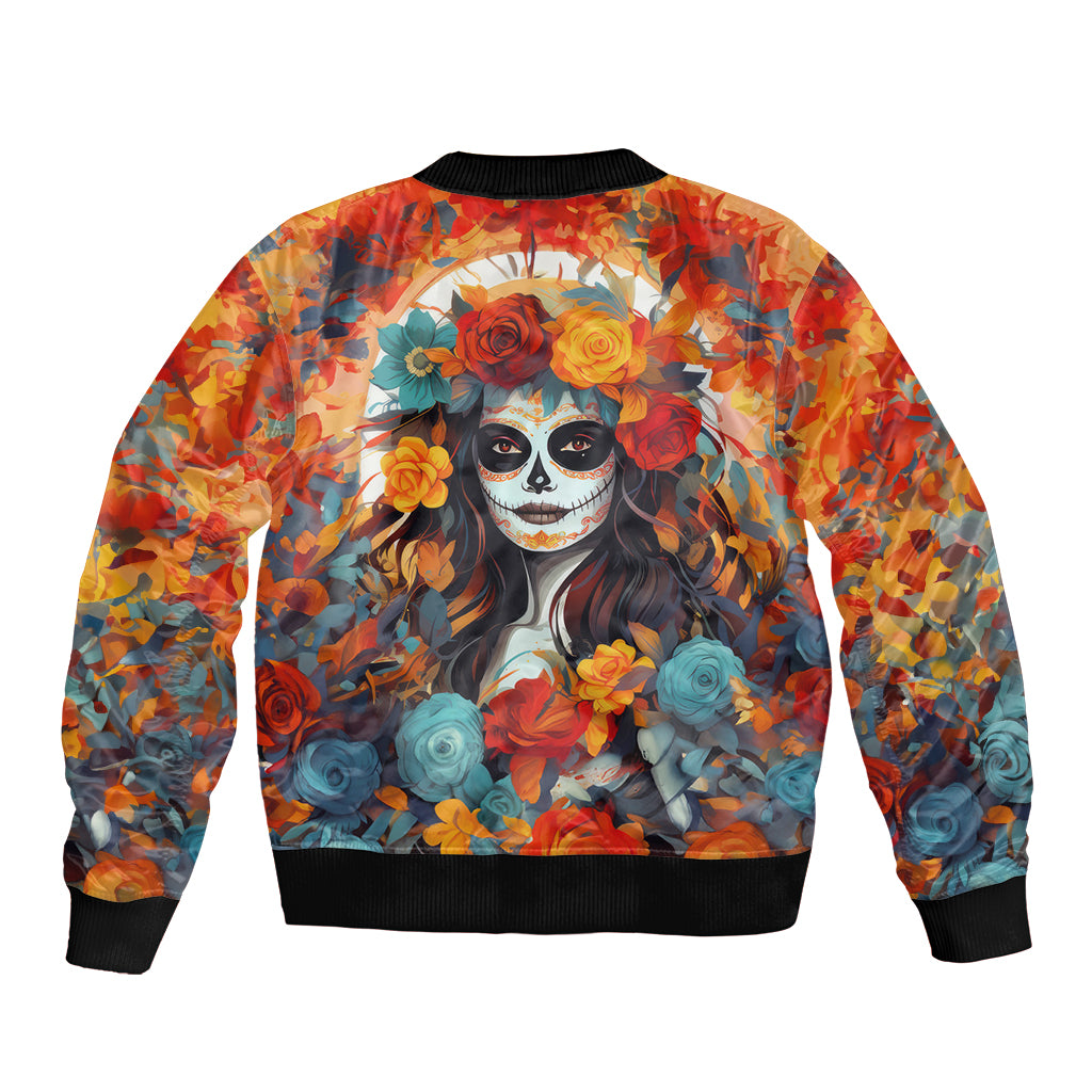 Yellow bomber jacket with black ribbed collar and hem, sugar skull face surrounded by roses print
