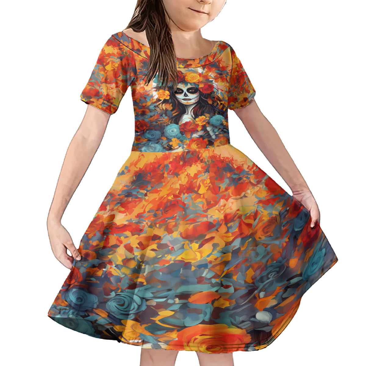 Day of Dead Lady Kid Short Sleeve Dress Sugar Skull Field Rose Lady - Wonder Print Shop