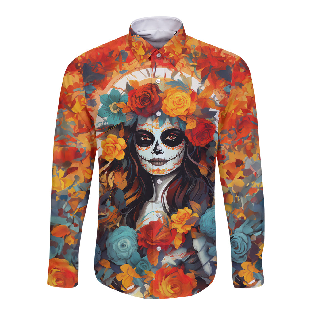 Day of Dead Lady Long Sleeve Button Shirt Sugar Skull Field Rose Lady - Wonder Print Shop