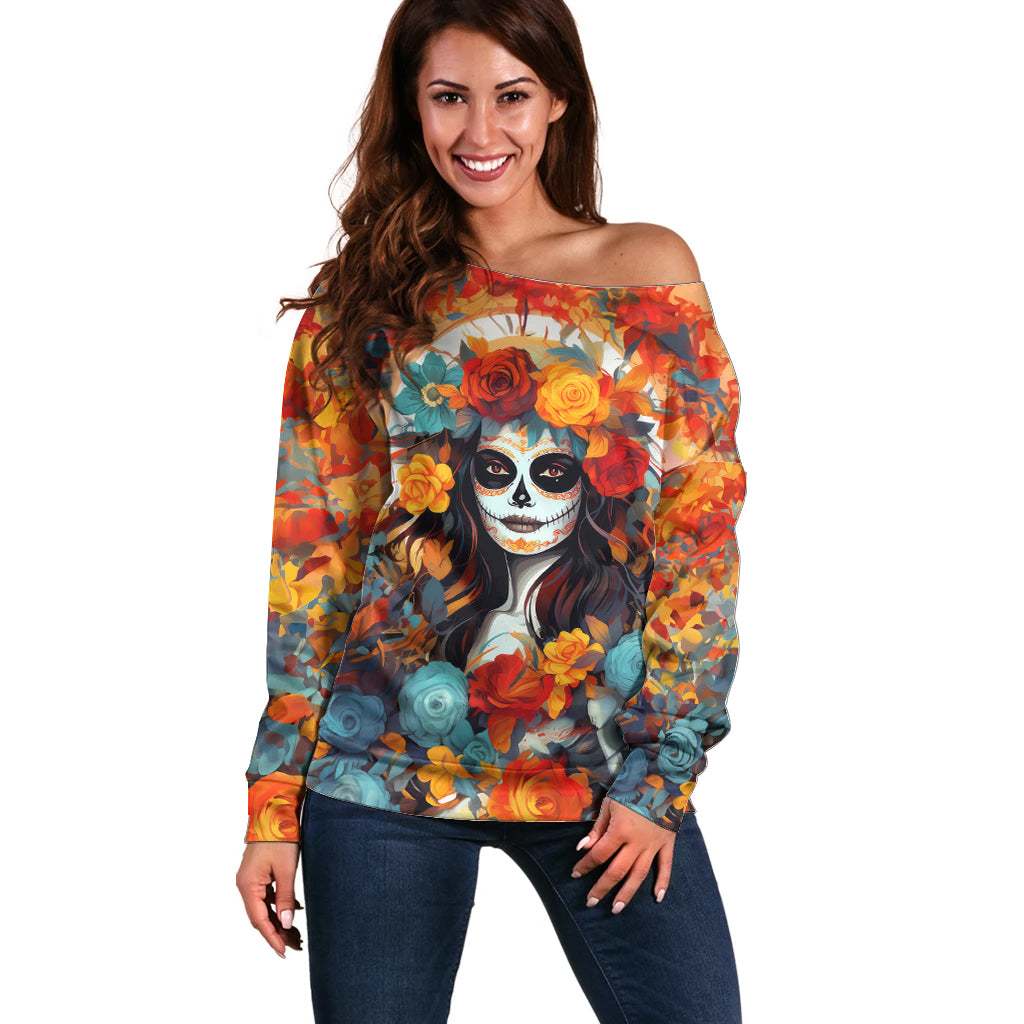 Day of Dead Lady Off Shoulder Sweater Sugar Skull Field Rose Lady - Wonder Print Shop