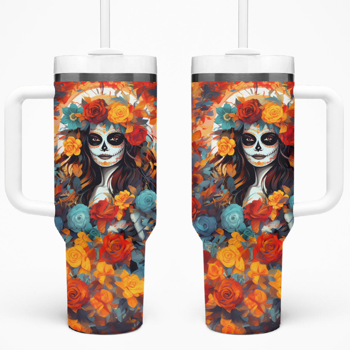 Day of Dead Lady Tumbler With Handle Sugar Skull Field Rose Lady - Wonder Print Shop