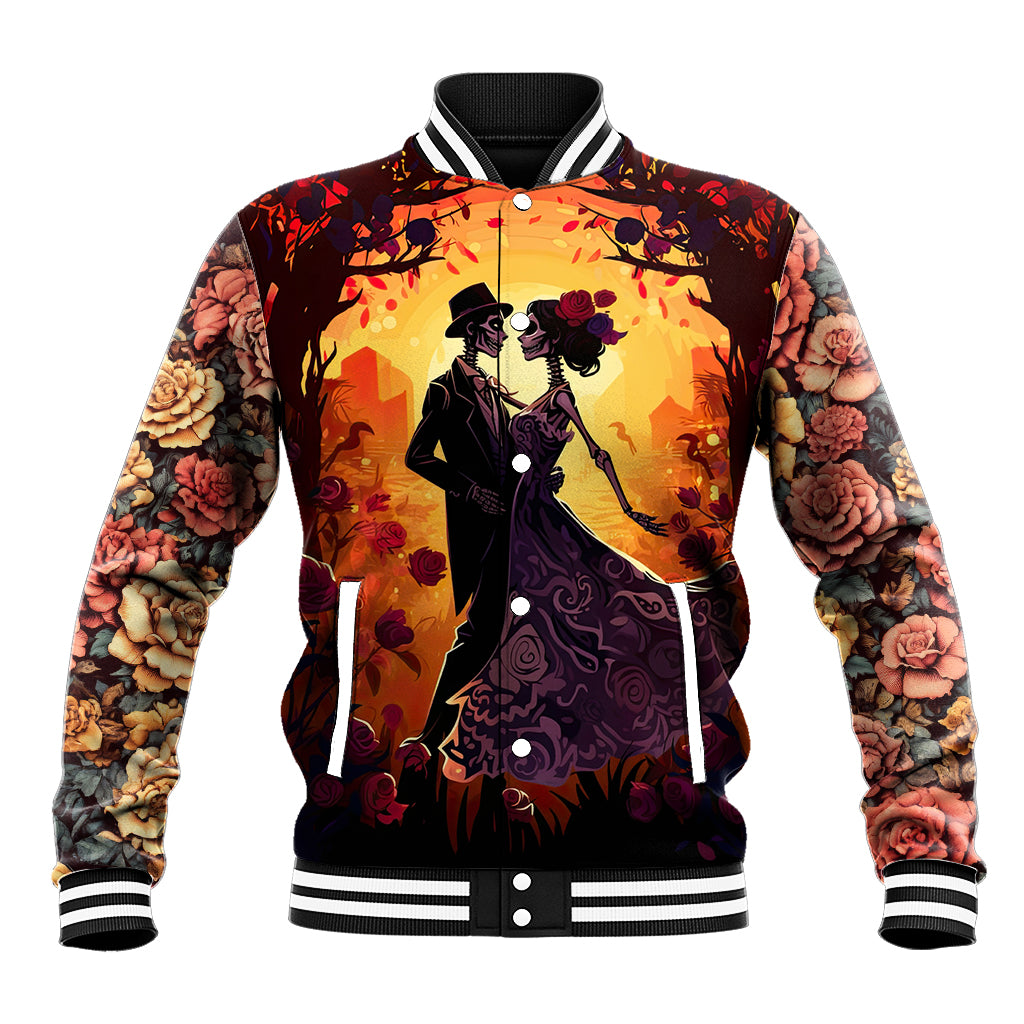 Orange baseball jacket with black-and-purple couple graphic, striped collar and ribbed cuffs