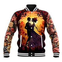 Orange baseball jacket with black-and-purple couple graphic, striped collar and ribbed cuffs