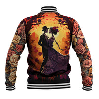Orange baseball jacket back view with black-and-purple dancing couple print, striped ribbed hem