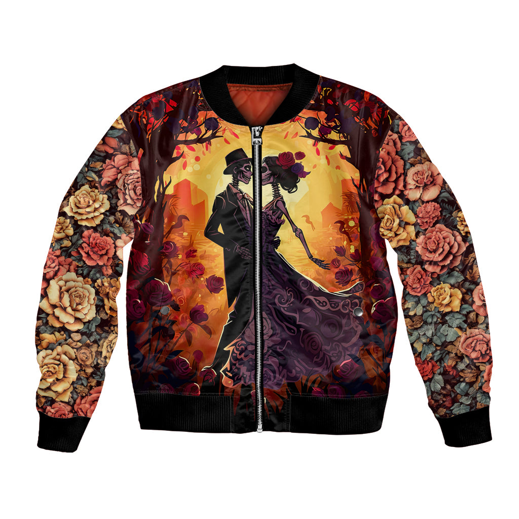 Unisex bomber jacket with floral sleeves, zip front, colorful couple dancing graphic