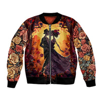 Unisex bomber jacket with floral sleeves, zip front, colorful couple dancing graphic