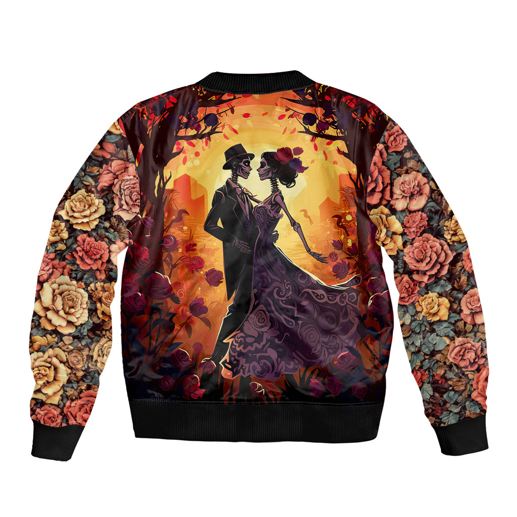 Unisex bomber jacket, all-over couple dancing art with roses and dark ribbed hem