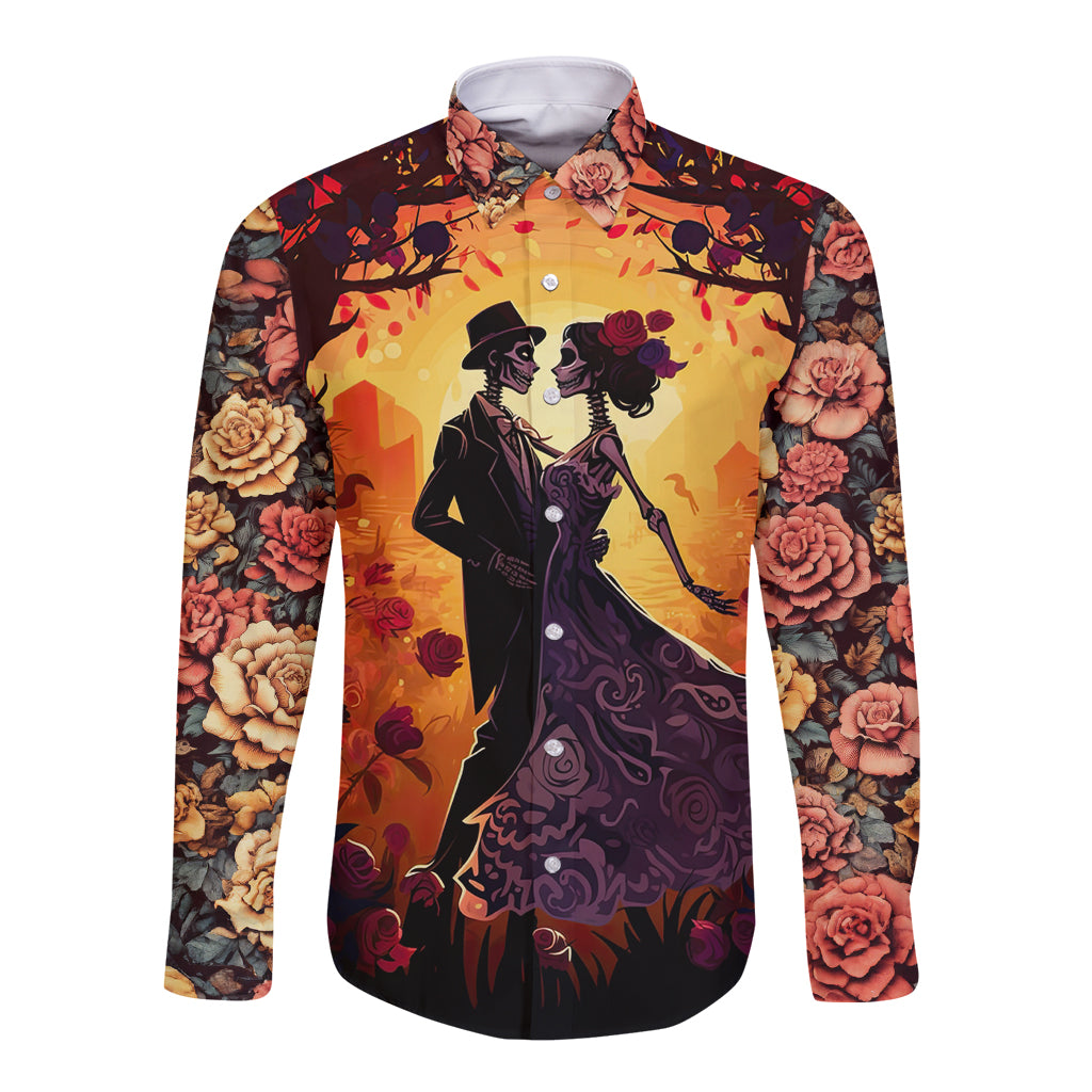 Day of Dead Couple Long Sleeve Button Shirt Sugar Skull Couple Dancing - Wonder Print Shop