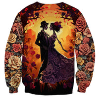 Unisex crewneck sweatshirt with dancing skeleton couple portrait and rose-pattern sleeves, orange