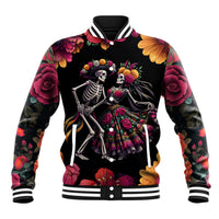 Unisex black baseball jacket with dancing sugar skull skeleton couple and floral graphics