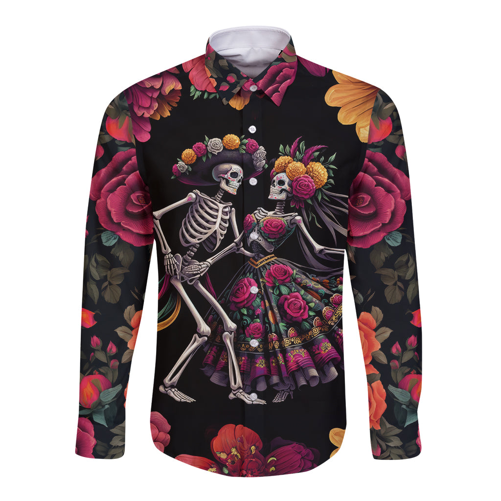 Day of Dead Couple Long Sleeve Button Shirt Sugar Skull Couple Dancing - Wonder Print Shop