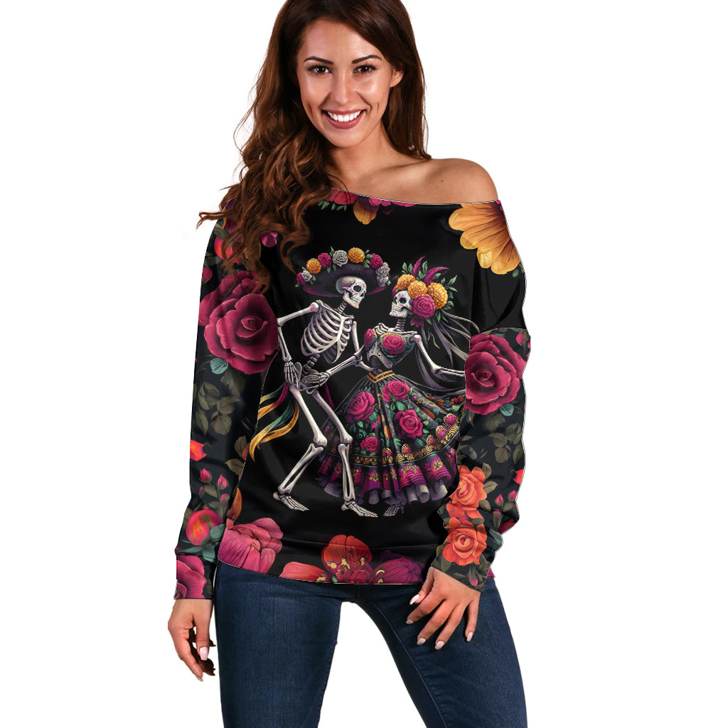 Day of Dead Couple Off Shoulder Sweater Sugar Skull Couple Dancing - Wonder Print Shop