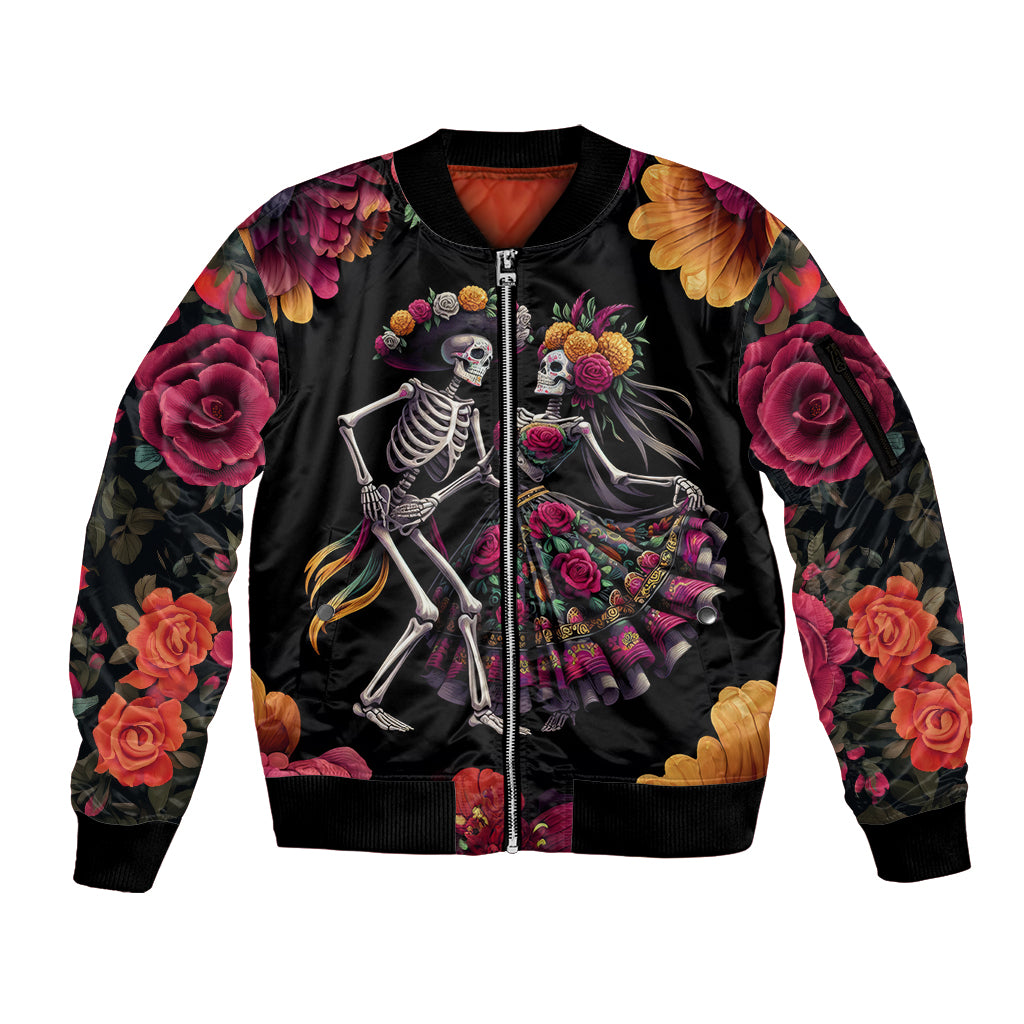 Day of Dead Couple Sleeve Zip Bomber Jacket Sugar Skull Couple Dancing - Wonder Print Shop