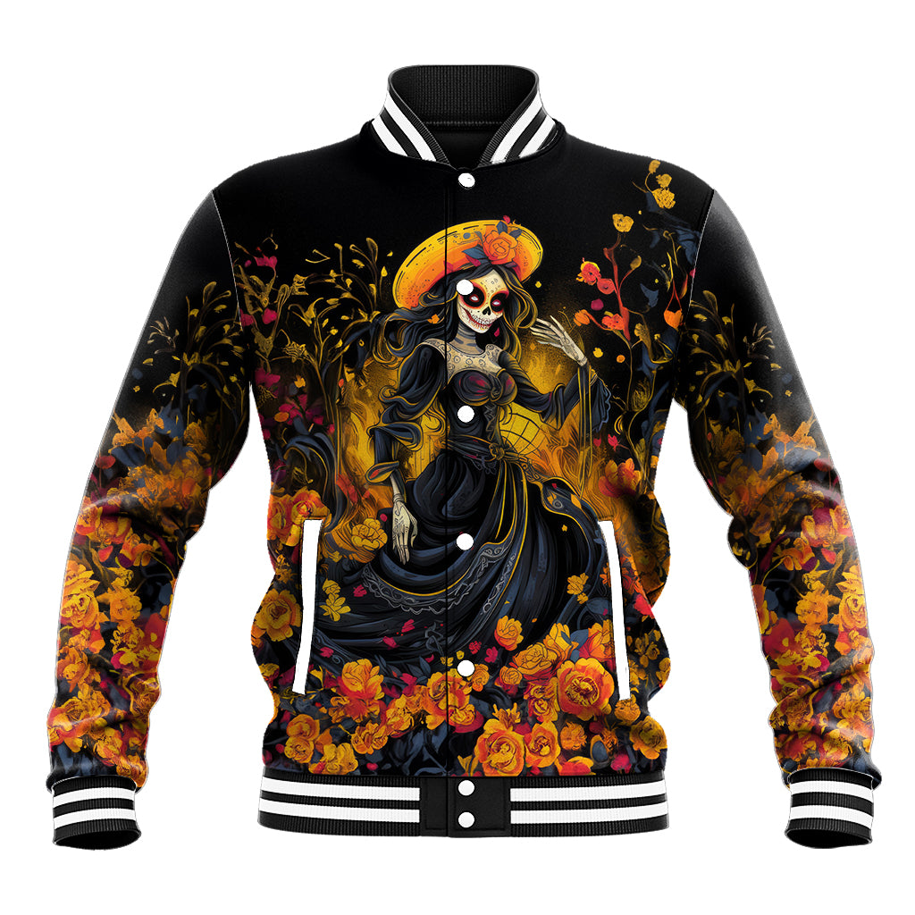 Black baseball jacket with sugar skull woman art, floral sleeves, striped ribbed collar