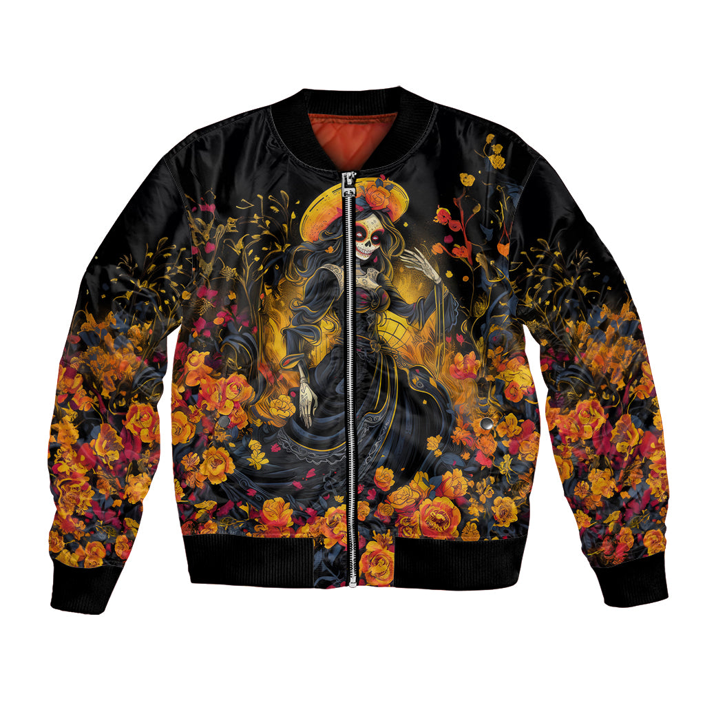 Black bomber jacket with sugar skull woman graphic, colorful floral artwork, front zip
