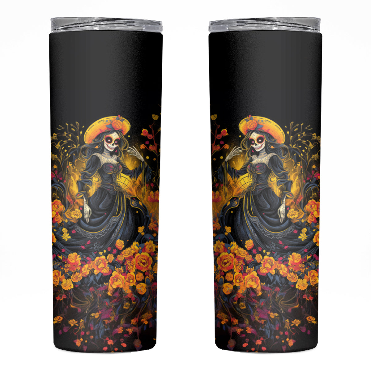 Day of Dead Lady Skinny Tumbler Sugar Skull Field Marigold Lady