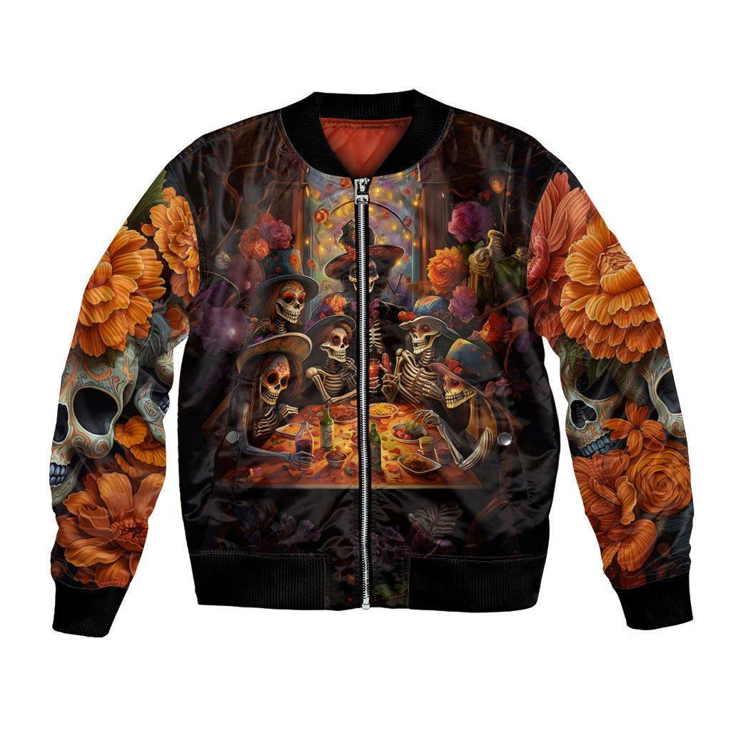 Unisex bomber jacket in black with colorful sugar skull front graphic and zip closure