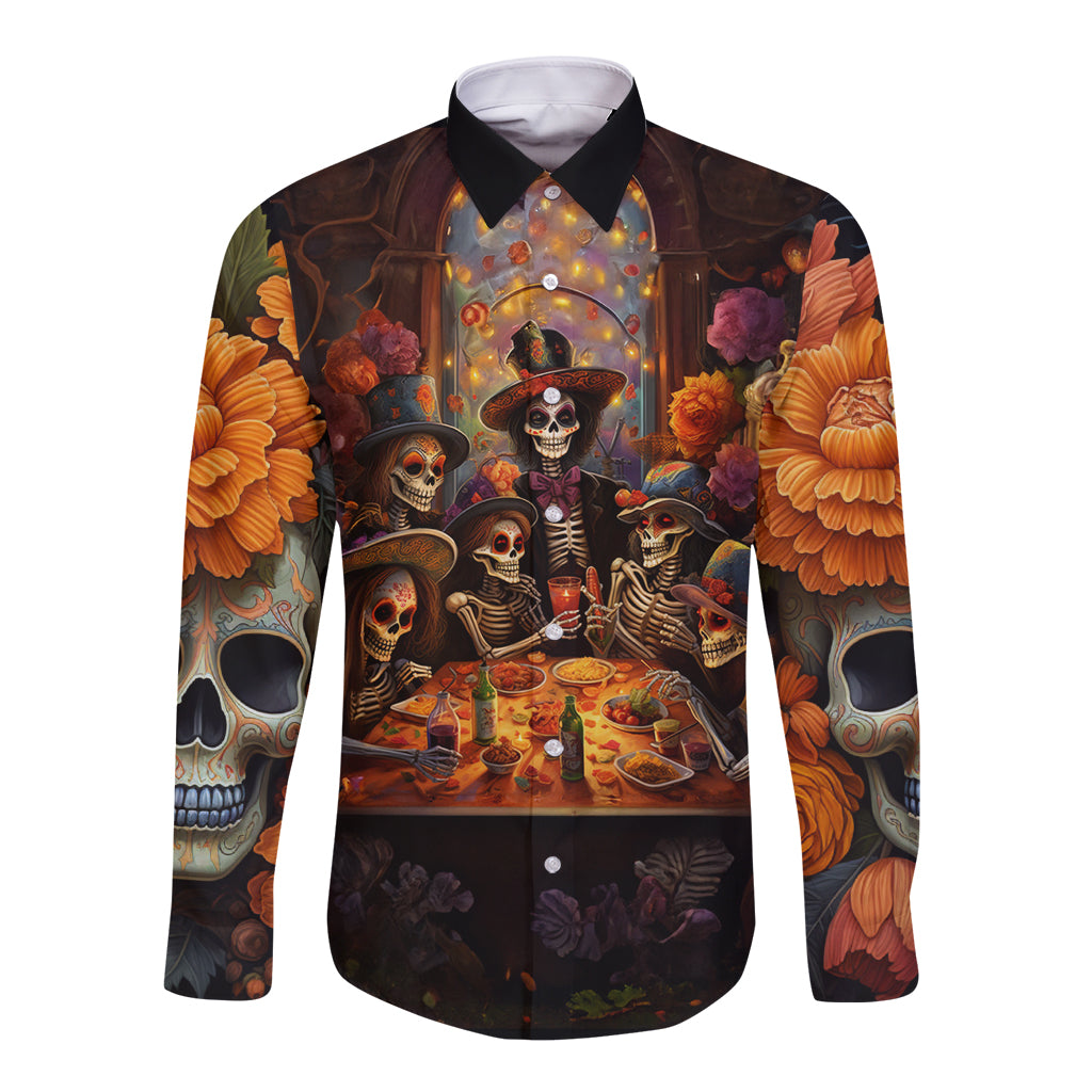 Black long-sleeve button shirt with colorful sugar skull and banquet scene print
