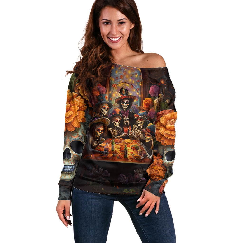 Day of Dead Festival Off Shoulder Sweater Sugar Skull Party Family - Wonder Print Shop