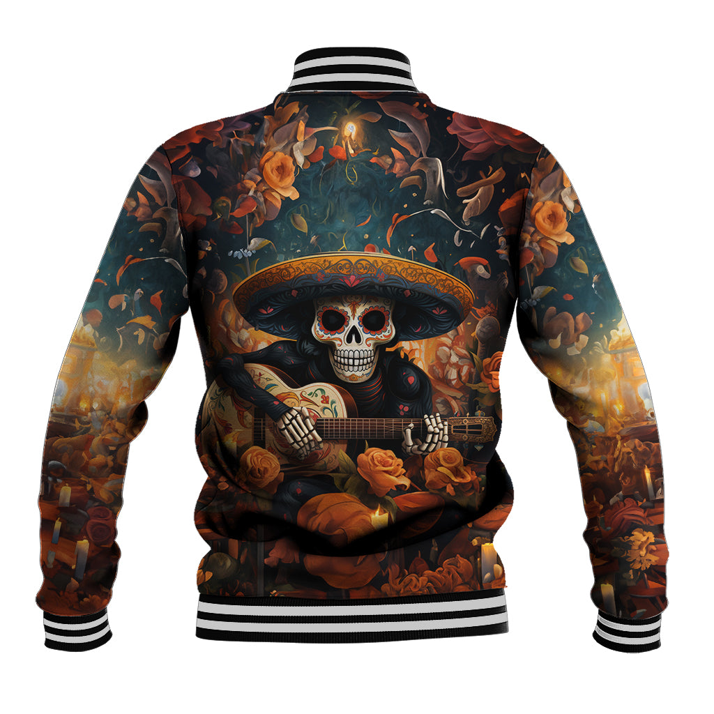 Black baseball jacket with Day of the Dead skull holding guitar, striped ribbed collar