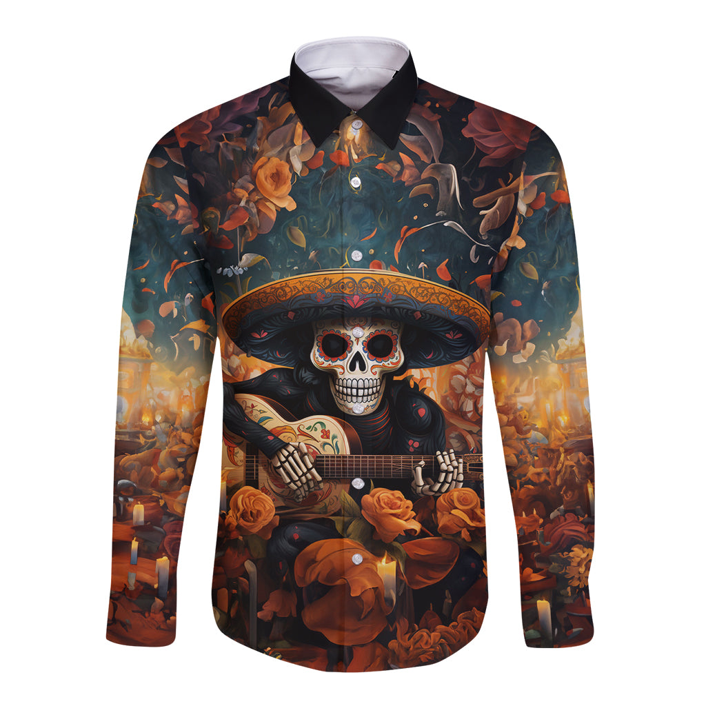 Day of Dead Skull Long Sleeve Button Shirt Sugar Skull Musican - Wonder Print Shop