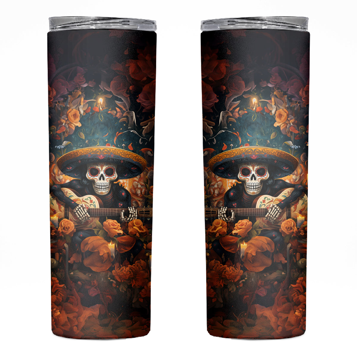 Day of Dead Skull Skinny Tumbler Sugar Skull Musican