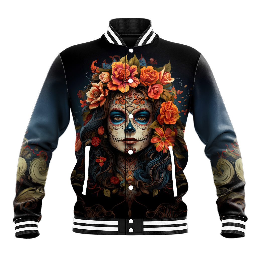 Black baseball jacket with Day of the Dead sugar skull floral graphic, striped collar