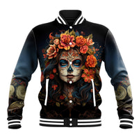 Black baseball jacket with Day of the Dead sugar skull floral graphic, striped collar