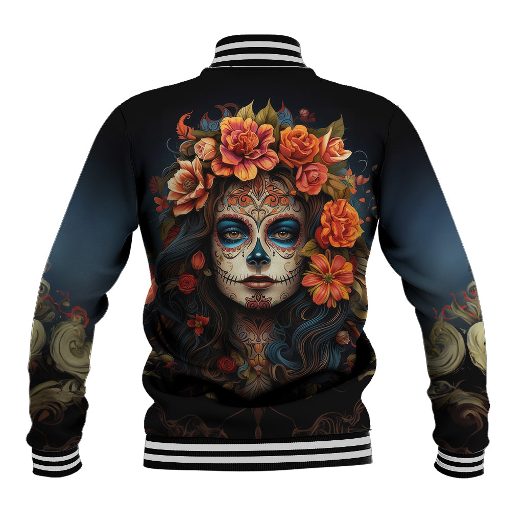 Black baseball jacket with back sugar skull roses artwork, striped collar and cuffs