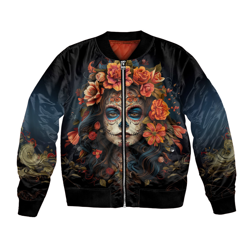 Black unisex bomber jacket with front sugar skull and rose floral artwork, full-zip