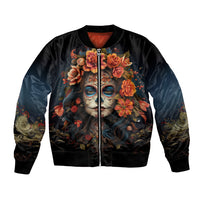 Black unisex bomber jacket with front sugar skull and rose floral artwork, full-zip