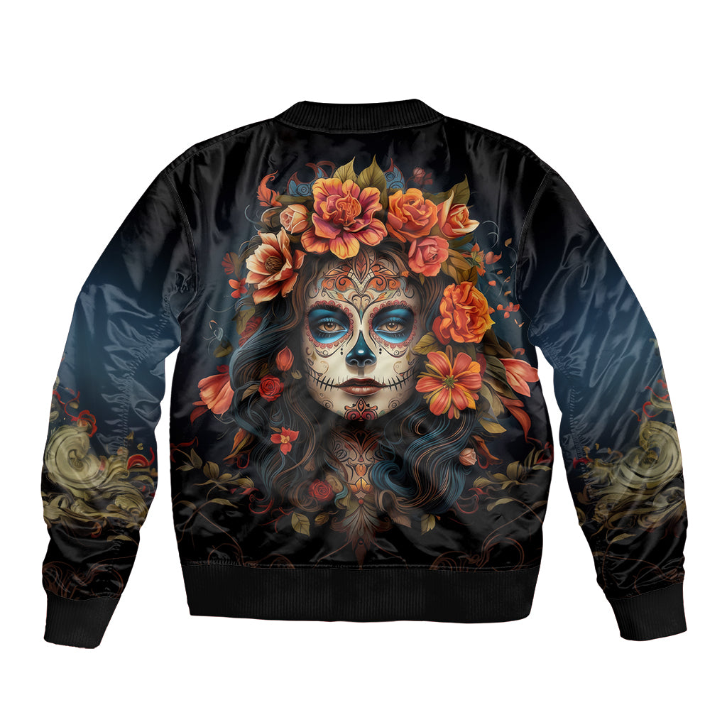 Black unisex bomber jacket with back sugar skull and rose floral print