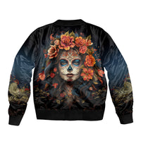 Black unisex bomber jacket with back sugar skull and rose floral print