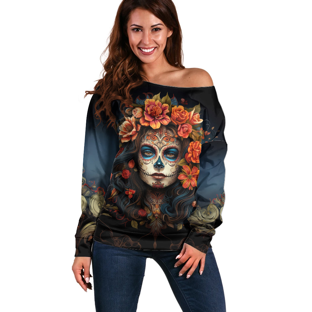 Day of Dead Lady Off Shoulder Sweater Sugar Skull Rose Lady - Wonder Print Shop