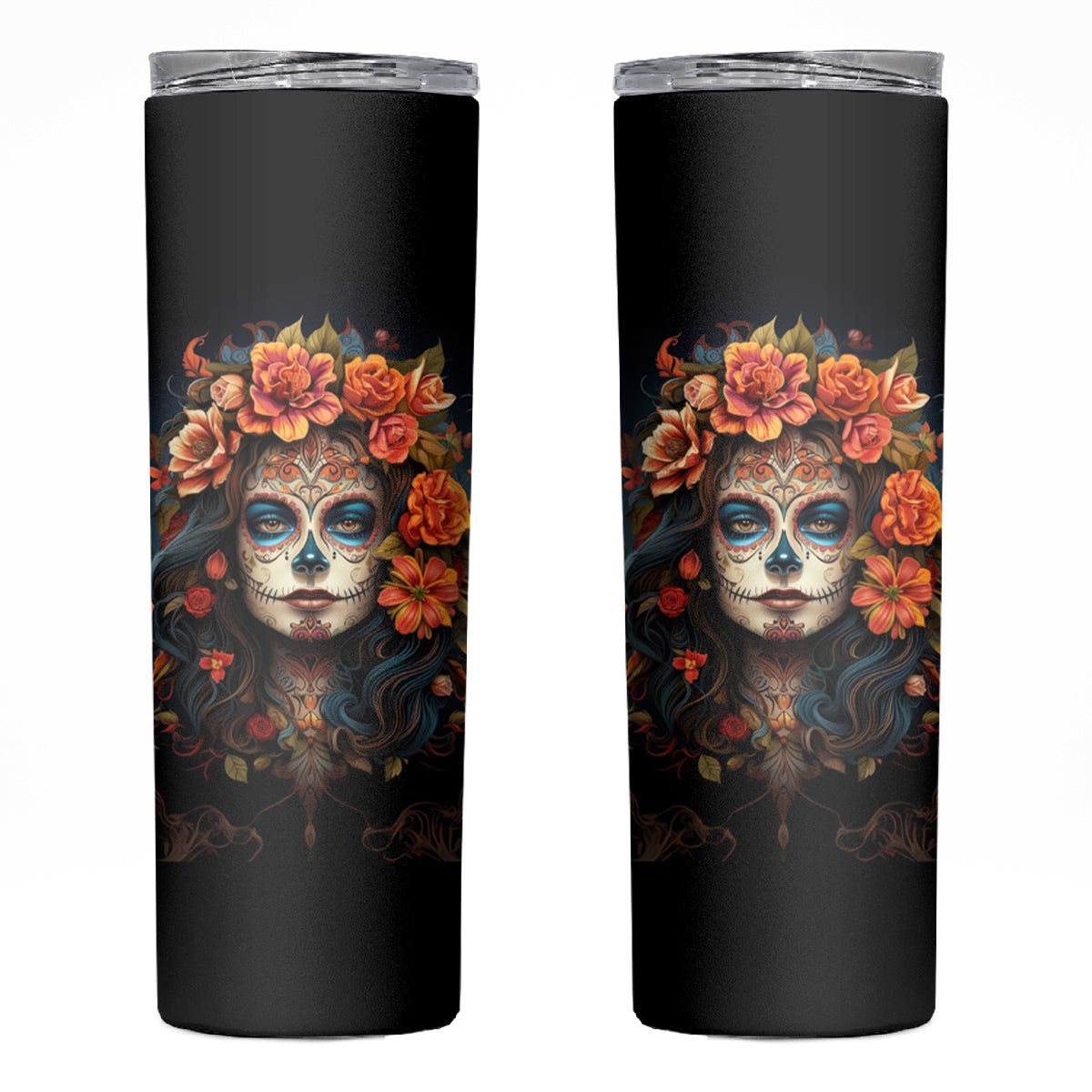 Day of Dead Lady Skinny Tumbler Sugar Skull Rose Lady