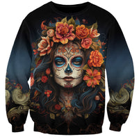 Black crewneck sweatshirt with Day of the Dead sugar skull portrait and roses, long sleeves