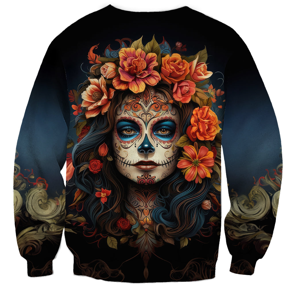 Black long-sleeve crewneck sweatshirt with sugar skull face and multicolor roses