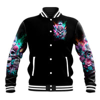 Black unisex baseball jacket with front skull-and-rose graphic, snap buttons