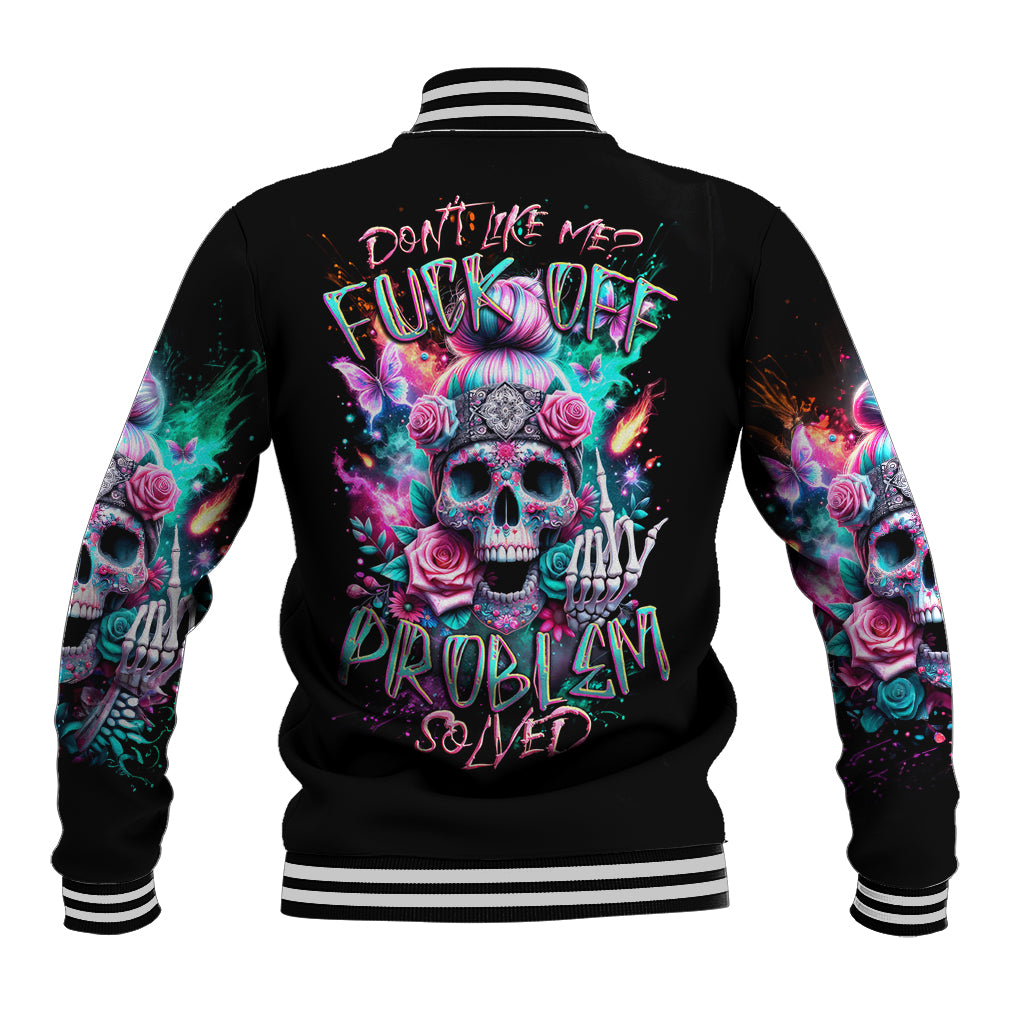 Black unisex baseball jacket with back skull rose graphic and striped ribbed collar