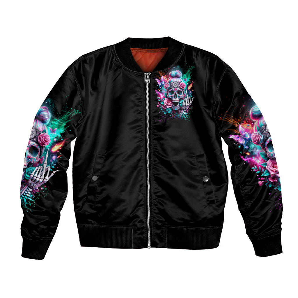 Black unisex bomber jacket with front zip and skull-and-rose patch graphic, ribbed hem