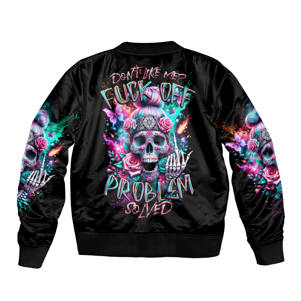 Black unisex bomber jacket with back skull-and-rose graphic, ribbed collar and cuffs